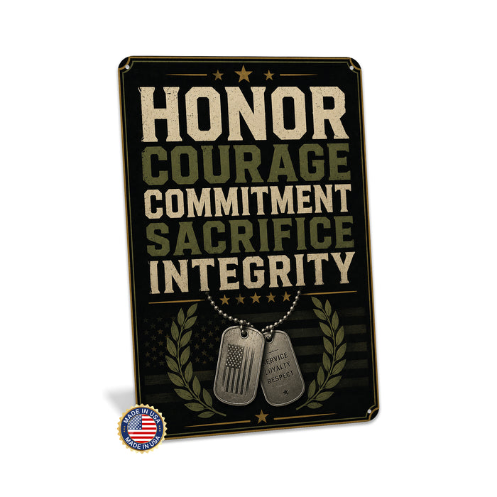 Honor Courage Commitment Sacrifice Integrity Dog Tags metal sign with vintage patriotic / military style — Honor Courage
