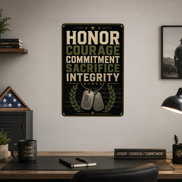 Honor Courage Commitment Sacrifice Integrity Dog Tags metal sign with vintage patriotic / military style — Honor Courage