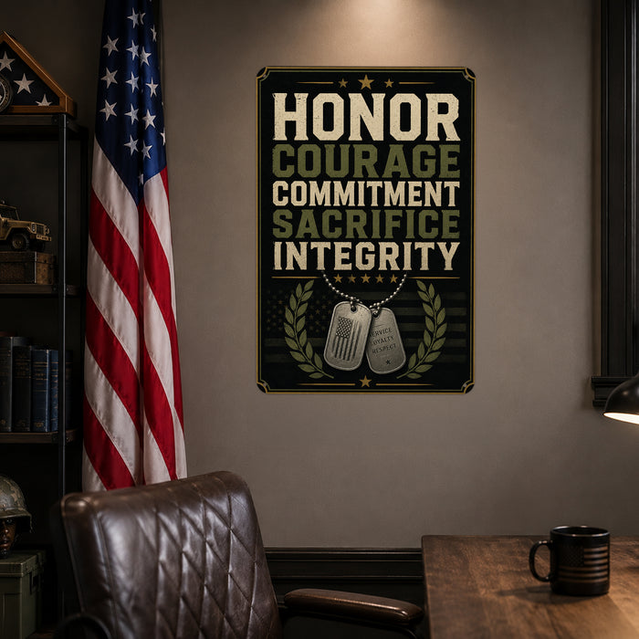 Honor Courage Commitment Sacrifice Integrity Dog Tags metal sign with vintage patriotic / military style — Honor Courage