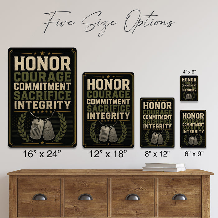 Honor Courage Commitment Sacrifice Integrity Dog Tags metal sign with vintage patriotic / military style — Honor Courage