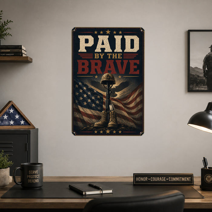 Paid by the Brave Fallen Soldier Memorial metal sign with vintage patriotic / military style — Paid by the Brave Fallen