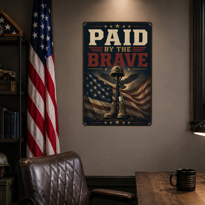 Paid by the Brave Fallen Soldier Memorial metal sign with vintage patriotic / military style — Paid by the Brave Fallen