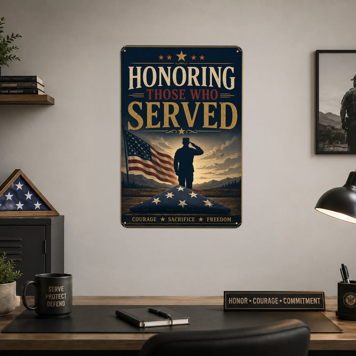 Honoring Those Who Served metal sign with vintage patriotic / military style — Honoring Those Who Served