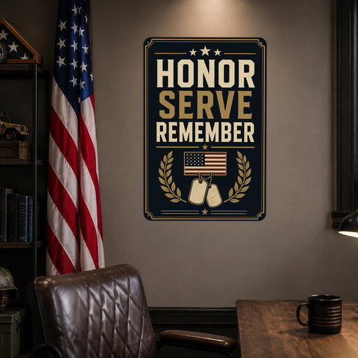 Honor Serve Remember Military metal sign with vintage patriotic / military style — Honor Serve Remember Military