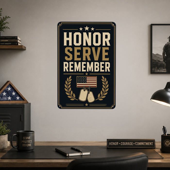 Honor Serve Remember Military metal sign with vintage patriotic / military style — Honor Serve Remember Military