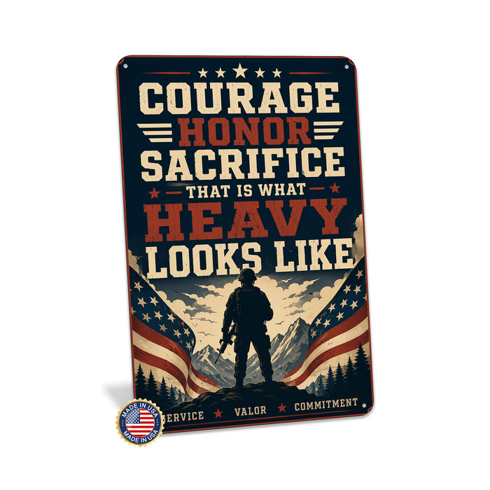 Courage Honor Sacrifice That Is What Heavy Looks Like metal sign with vintage patriotic / military style — Courage Honor