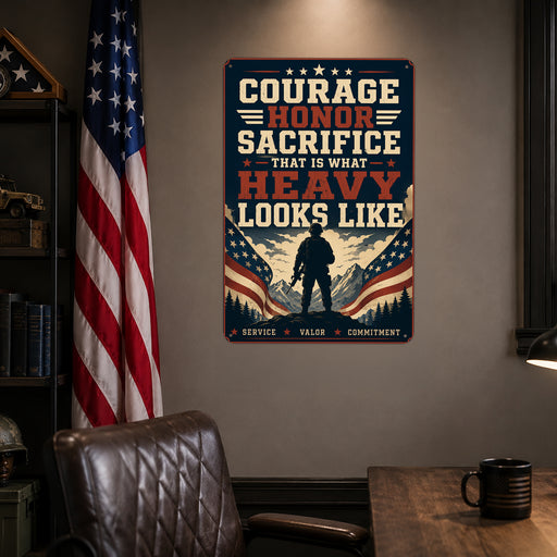 Courage Honor Sacrifice That Is What Heavy Looks Like metal sign with vintage patriotic / military style — Courage Honor