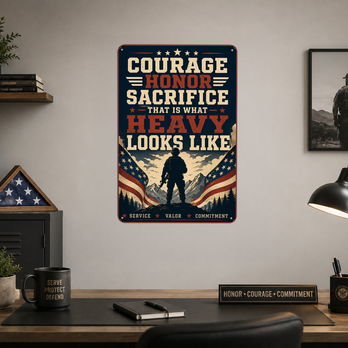 Courage Honor Sacrifice That Is What Heavy Looks Like metal sign with vintage patriotic / military style — Courage Honor