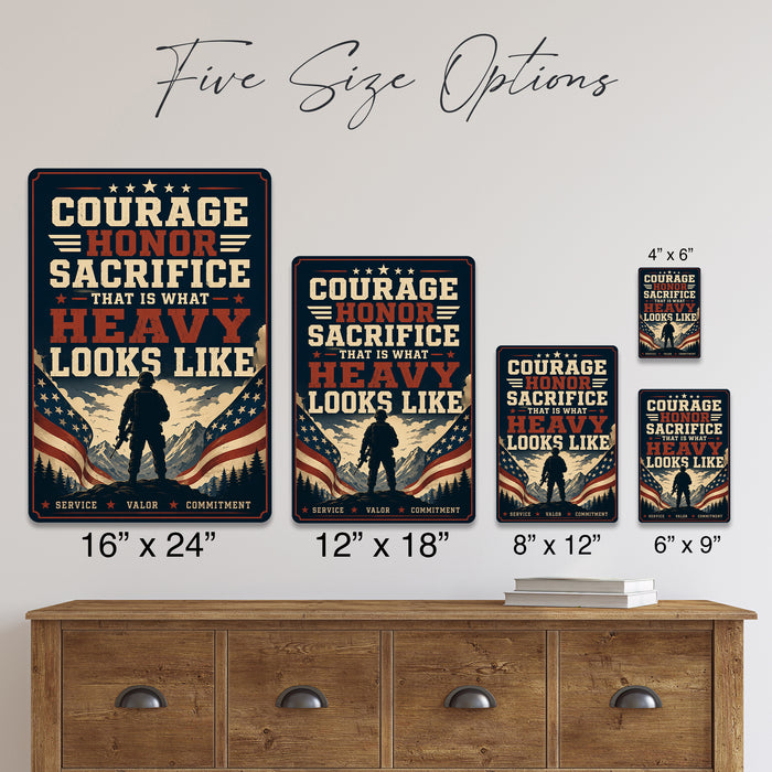 Courage Honor Sacrifice That Is What Heavy Looks Like metal sign with vintage patriotic / military style — Courage Honor