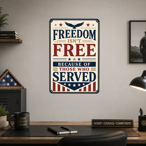 Freedom Isn't Free Because of Those Who Served metal sign with vintage patriotic / military style — Freedom Isn't Free