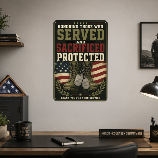 Honoring Those Who Served and Sacrificed Protected metal sign with vintage patriotic / military style — Honoring Those Who
