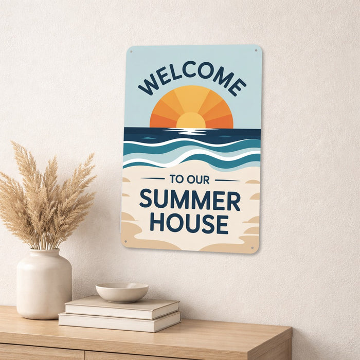 Welcome to Our Summer House metal sign with vintage welcome scene — Welcome to Our Summer House