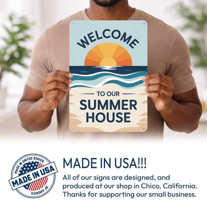 Welcome to Our Summer House metal sign with vintage welcome scene — Welcome to Our Summer House