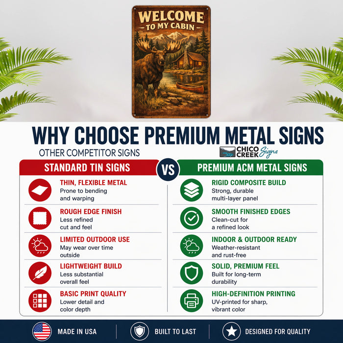 Welcome to My Cabin Moose Mountain metal sign with vintage welcome scene — Welcome to My Cabin Moose Mountain