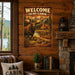 Welcome to My Cabin Moose Mountain metal sign with vintage welcome scene — Welcome to My Cabin Moose Mountain