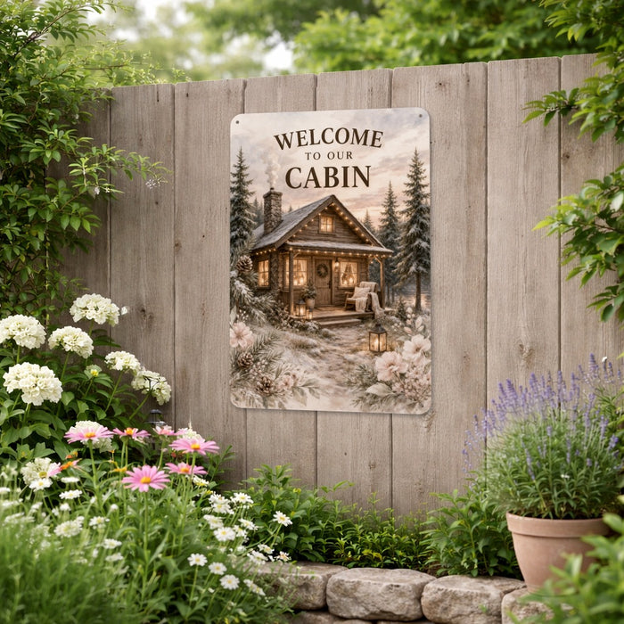 Welcome to Our Cabin Cozy Winter metal sign with vintage welcome scene — Welcome to Our Cabin Cozy Winter