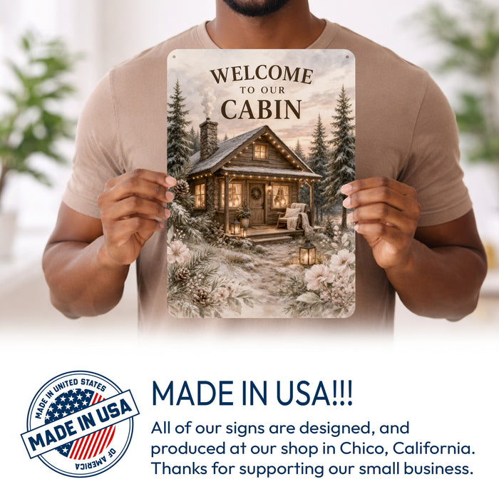Welcome to Our Cabin Cozy Winter metal sign with vintage welcome scene — Welcome to Our Cabin Cozy Winter