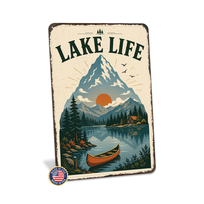 Lake Life Vintage Mountain Poster metal sign with vintage welcome scene — Lake Life Vintage Mountain Poster