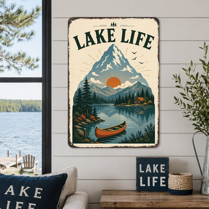 Lake Life Vintage Mountain Poster metal sign with vintage welcome scene — Lake Life Vintage Mountain Poster