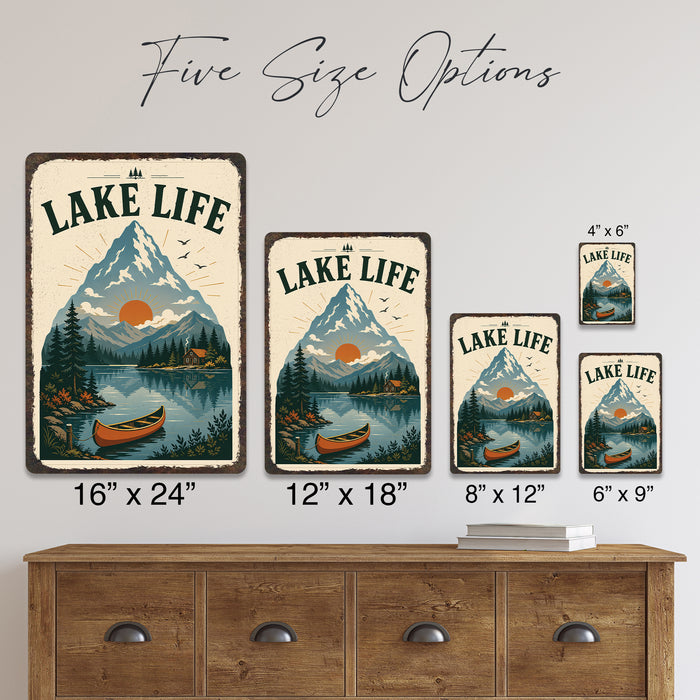 Lake Life Vintage Mountain Poster metal sign with vintage welcome scene — Lake Life Vintage Mountain Poster