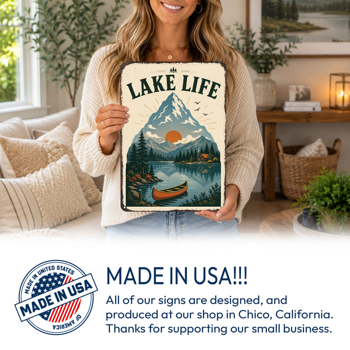 Lake Life Vintage Mountain Poster metal sign with vintage welcome scene — Lake Life Vintage Mountain Poster