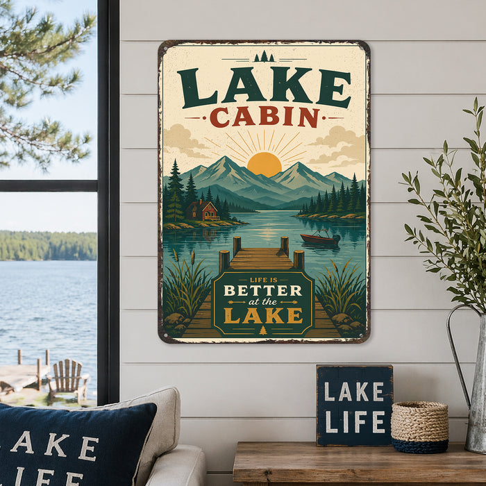 Lake Cabin Life Is Better at the Lake metal sign with vintage welcome scene — Lake Cabin Life Is Better at the Lake