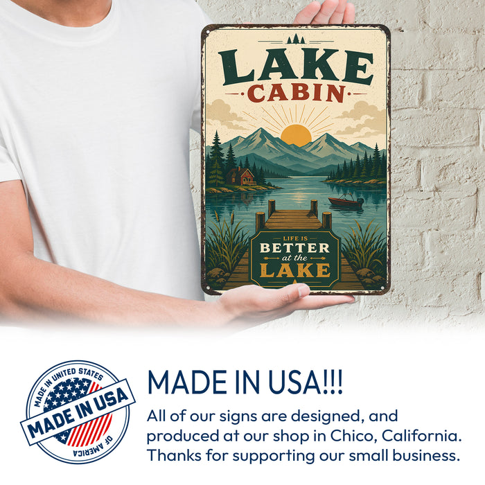 Lake Cabin Life Is Better at the Lake metal sign with vintage welcome scene — Lake Cabin Life Is Better at the Lake