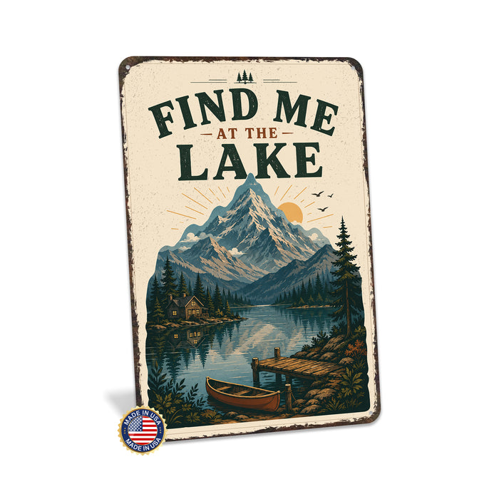 Find Me at the Lake Vintage Poster metal sign with vintage welcome scene — Find Me at the Lake Vintage Poster