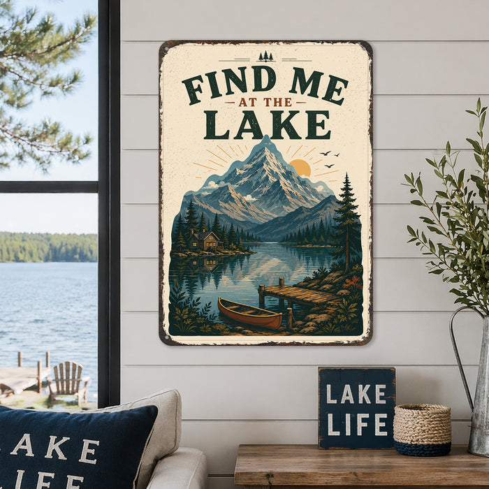 Find Me at the Lake Vintage Poster metal sign with vintage welcome scene — Find Me at the Lake Vintage Poster