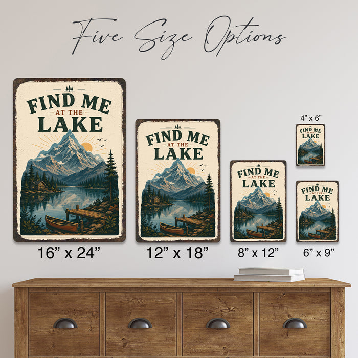 Find Me at the Lake Vintage Poster metal sign with vintage welcome scene — Find Me at the Lake Vintage Poster
