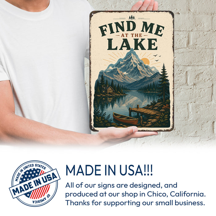 Find Me at the Lake Vintage Poster metal sign with vintage welcome scene — Find Me at the Lake Vintage Poster