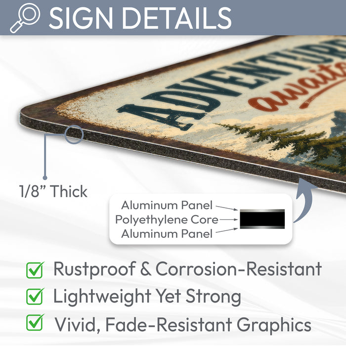 Adventure Awaits Cabin Poster metal sign with vintage welcome scene — Adventure Awaits Cabin Poster