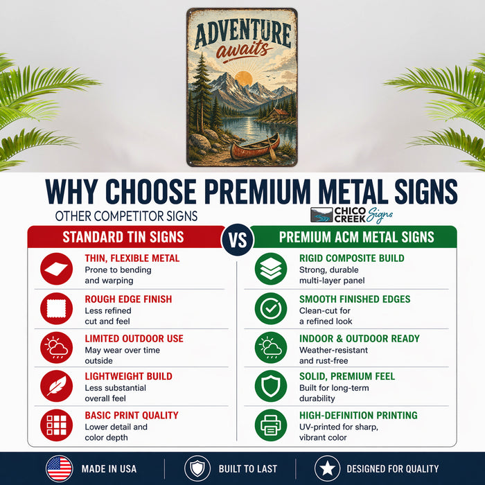 Adventure Awaits Cabin Poster metal sign with vintage welcome scene — Adventure Awaits Cabin Poster