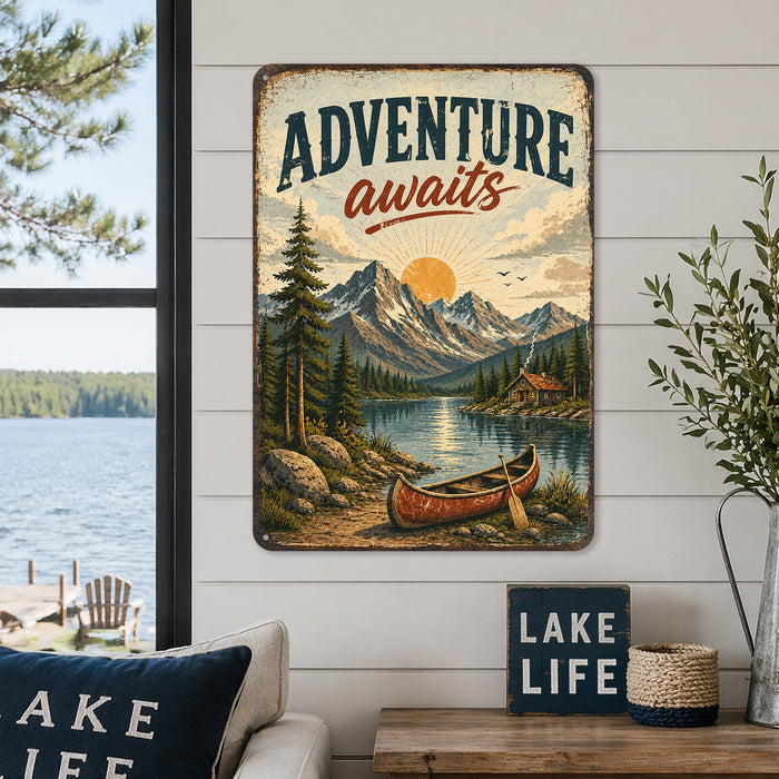 Adventure Awaits Cabin Poster metal sign with vintage welcome scene — Adventure Awaits Cabin Poster