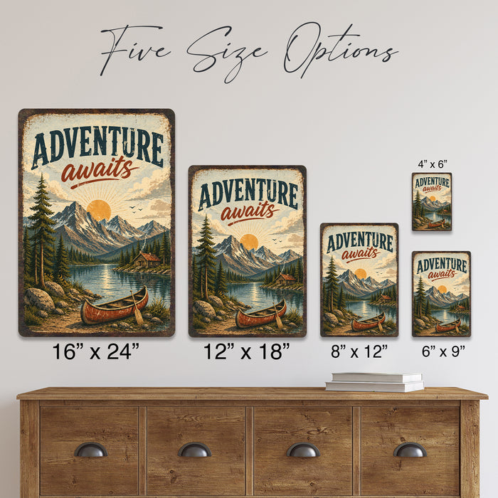 Adventure Awaits Cabin Poster metal sign with vintage welcome scene — Adventure Awaits Cabin Poster