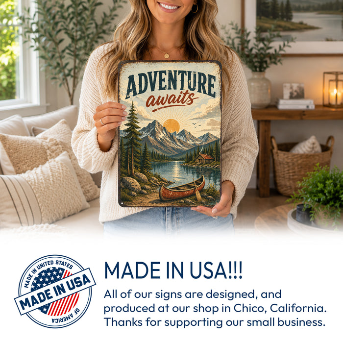Adventure Awaits Cabin Poster metal sign with vintage welcome scene — Adventure Awaits Cabin Poster