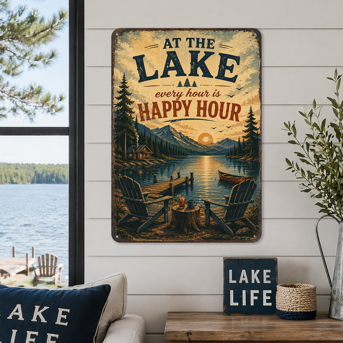 At the Lake Every Hour Is Happy Hour metal sign with vintage welcome scene — At the Lake Every Hour Is Happy Hour