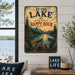 At the Lake Every Hour Is Happy Hour metal sign with vintage welcome scene — At the Lake Every Hour Is Happy Hour