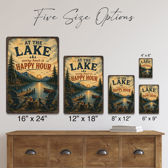 At the Lake Every Hour Is Happy Hour metal sign with vintage welcome scene — At the Lake Every Hour Is Happy Hour
