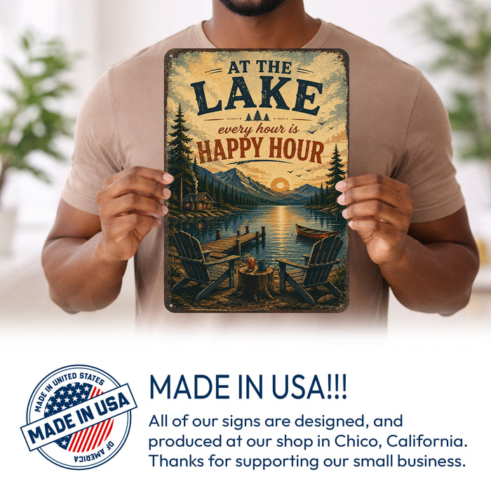 At the Lake Every Hour Is Happy Hour metal sign with vintage welcome scene — At the Lake Every Hour Is Happy Hour