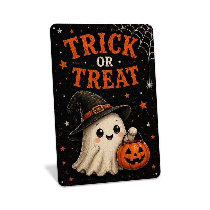 Trick or Treat Ghost Witch Hat metal sign with kawaii halloween style — Trick or Treat Ghost Witch Hat