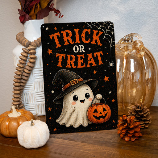 Trick or Treat Ghost Witch Hat metal sign with kawaii halloween style — Trick or Treat Ghost Witch Hat