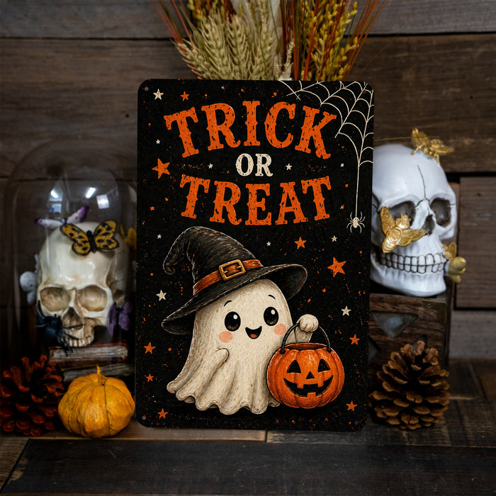 Trick or Treat Ghost Witch Hat metal sign with kawaii halloween style — Trick or Treat Ghost Witch Hat