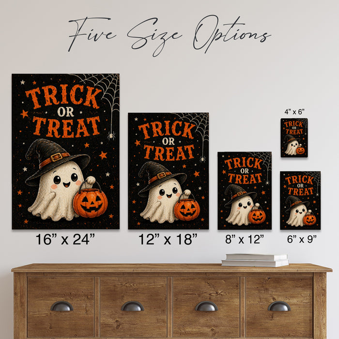 Trick or Treat Ghost Witch Hat metal sign with kawaii halloween style — Trick or Treat Ghost Witch Hat