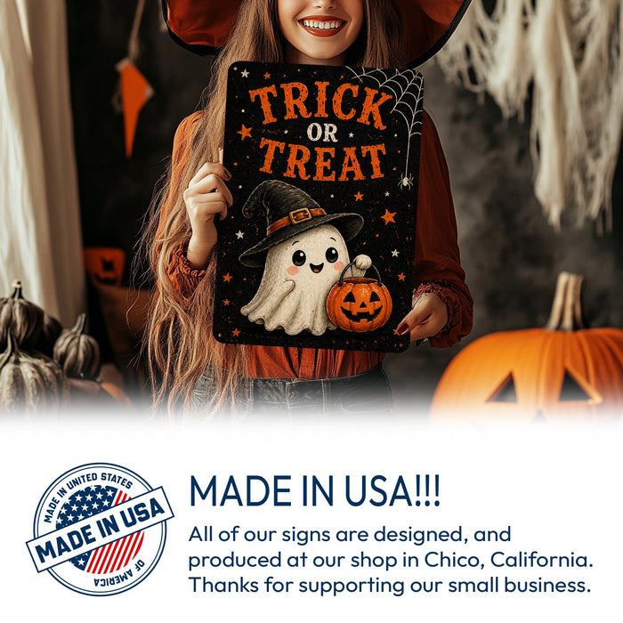 Trick or Treat Ghost Witch Hat metal sign with kawaii halloween style — Trick or Treat Ghost Witch Hat