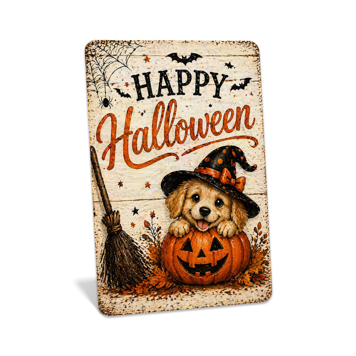 Happy Halloween Puppy Witch Hat metal sign with kawaii halloween style — Happy Halloween Puppy Witch Hat