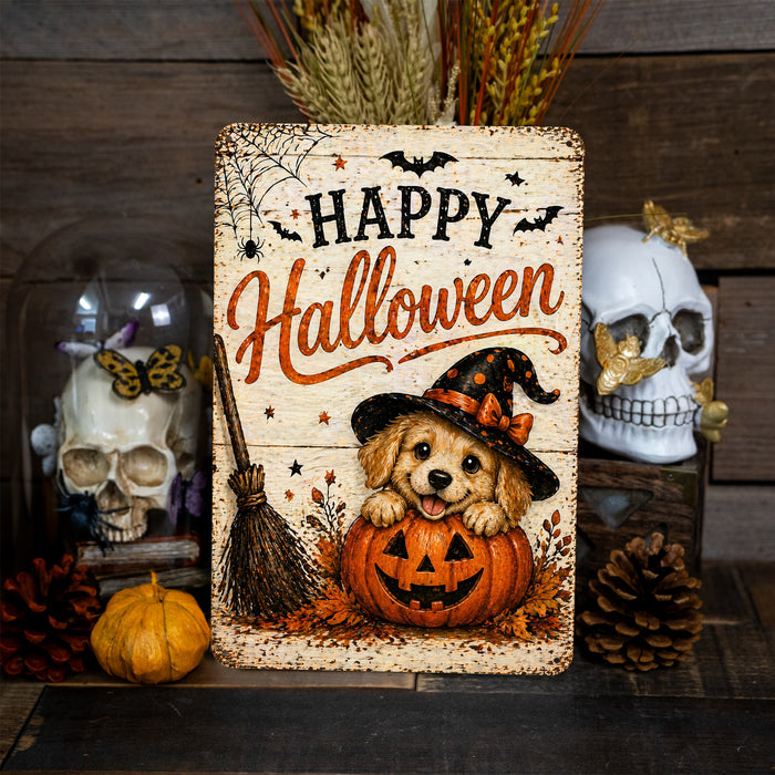 Happy Halloween Puppy Witch Hat metal sign with kawaii halloween style — Happy Halloween Puppy Witch Hat