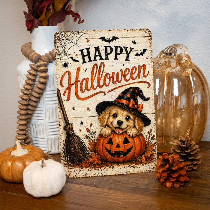 Happy Halloween Puppy Witch Hat metal sign with kawaii halloween style — Happy Halloween Puppy Witch Hat