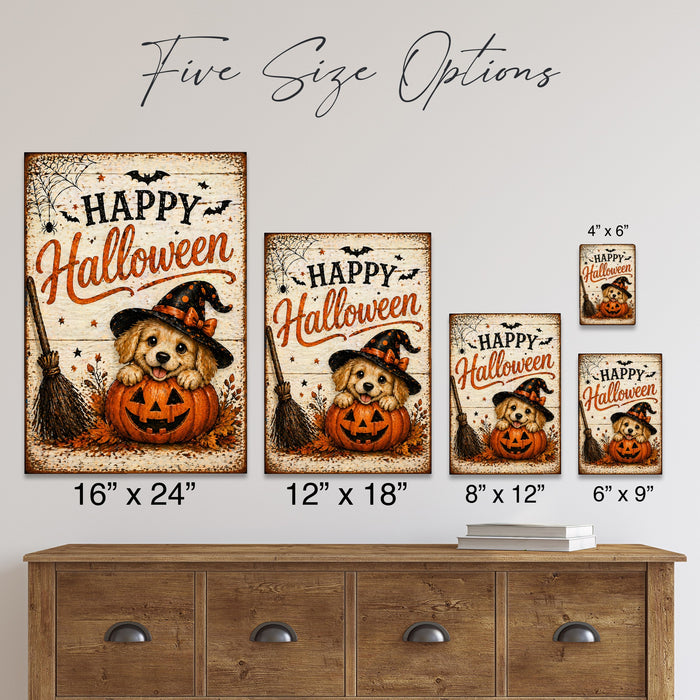 Happy Halloween Puppy Witch Hat metal sign with kawaii halloween style — Happy Halloween Puppy Witch Hat