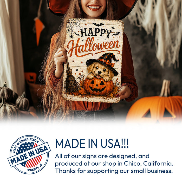 Happy Halloween Puppy Witch Hat metal sign with kawaii halloween style — Happy Halloween Puppy Witch Hat